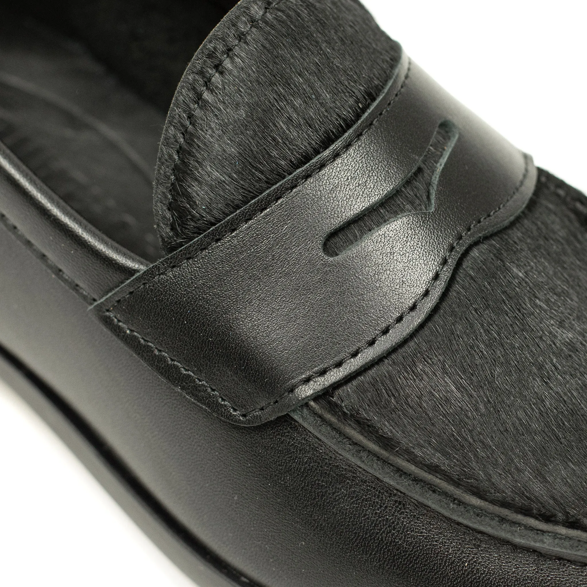 Aurland penny loafer in black calf with hair-on horsehide vamp