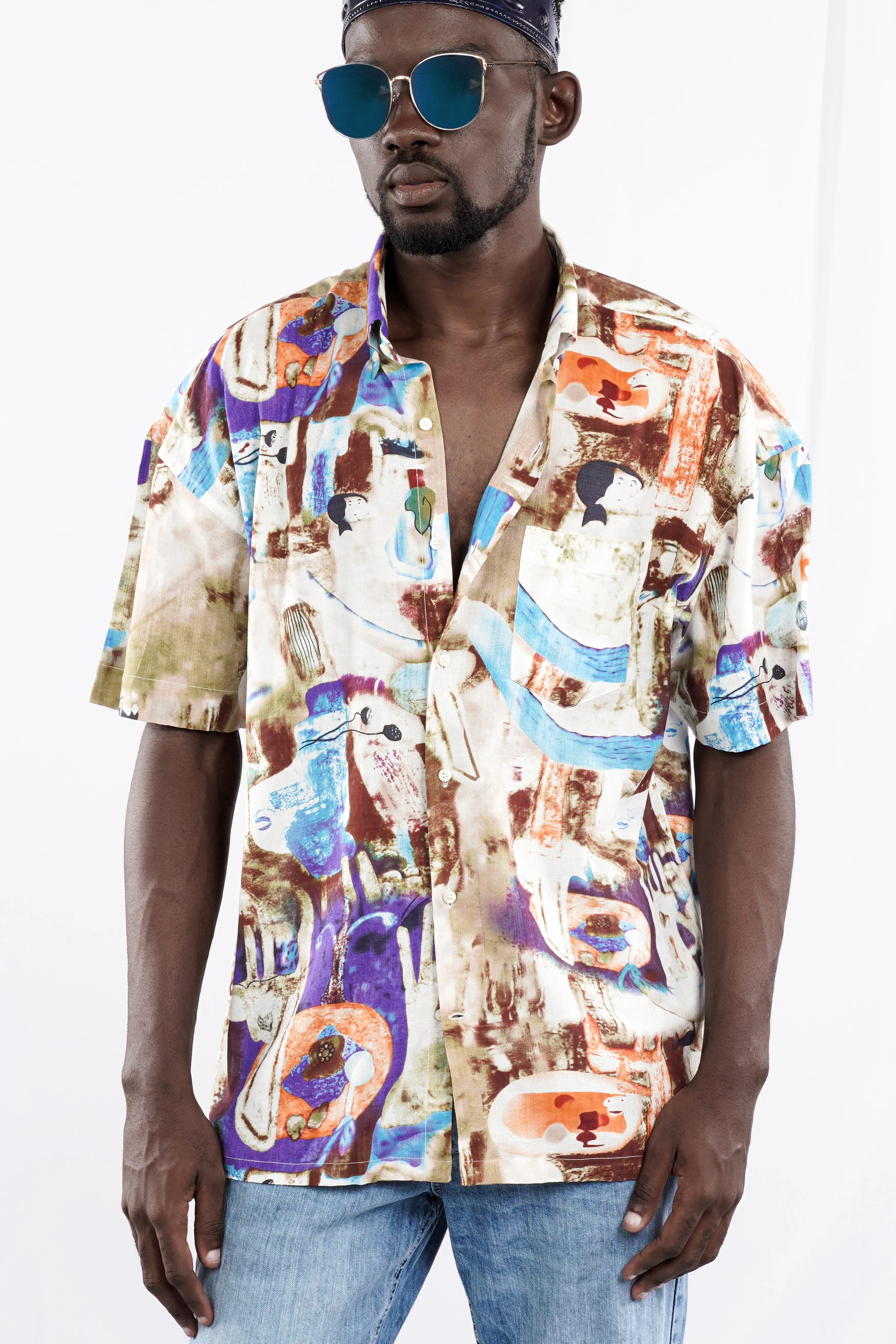 Bizarre Cream with Nutmeg Brown Funky Printed Lightweight Premium Cotton Oversized Shirt