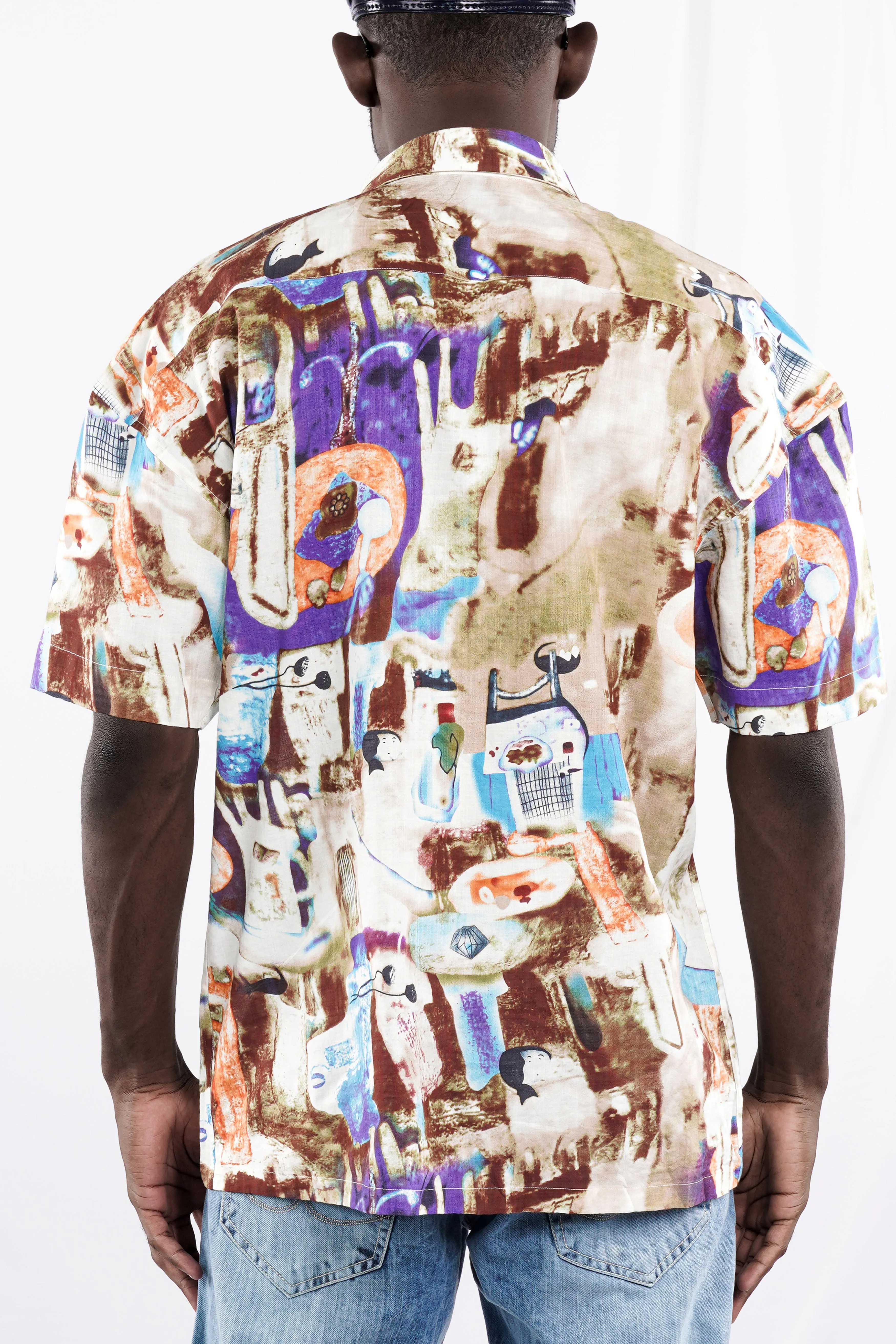 Bizarre Cream with Nutmeg Brown Funky Printed Lightweight Premium Cotton Oversized Shirt