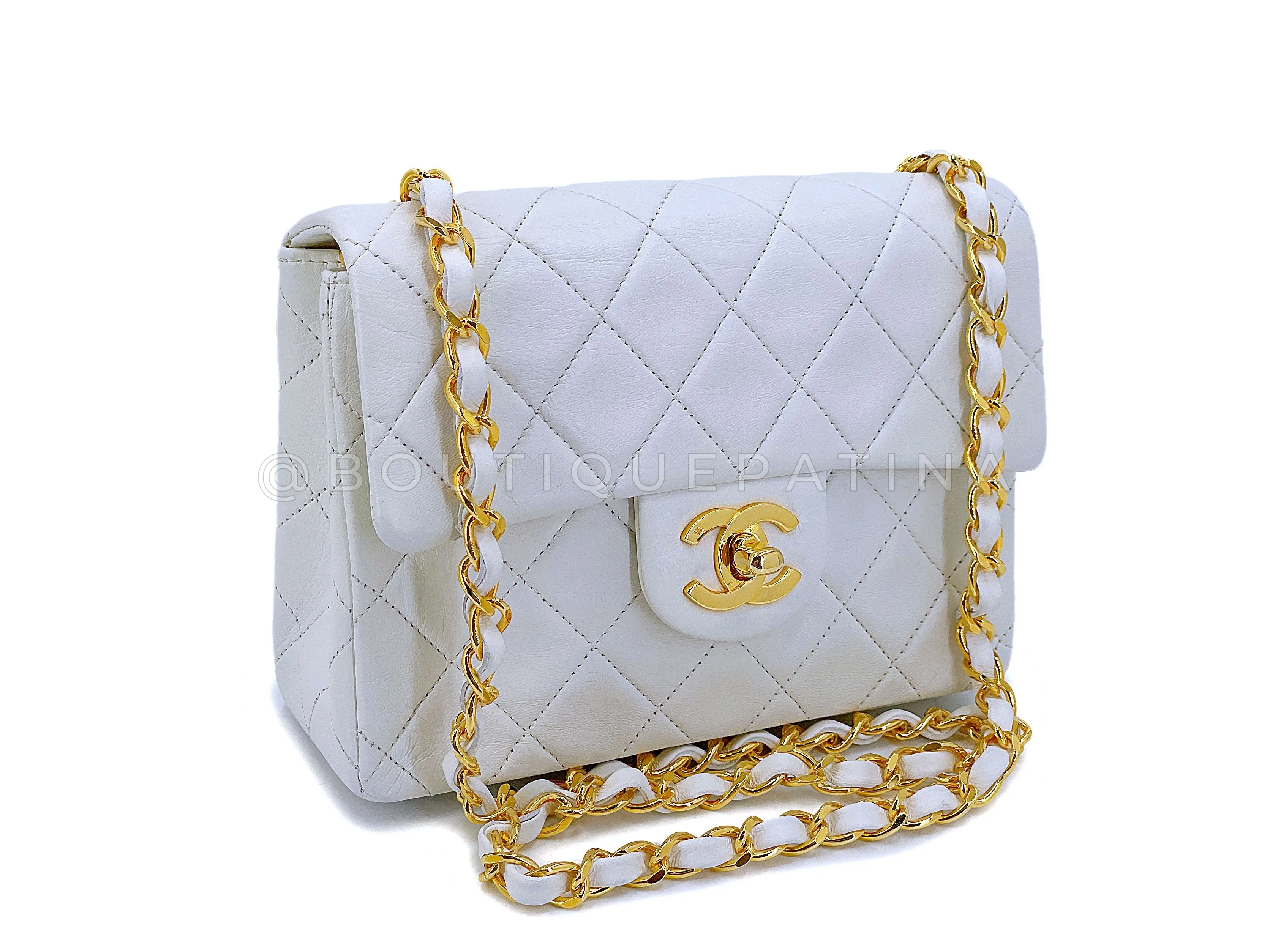 Chanel 1980s Vintage White Square Mini Flap Bag 24k GHW Lambskin