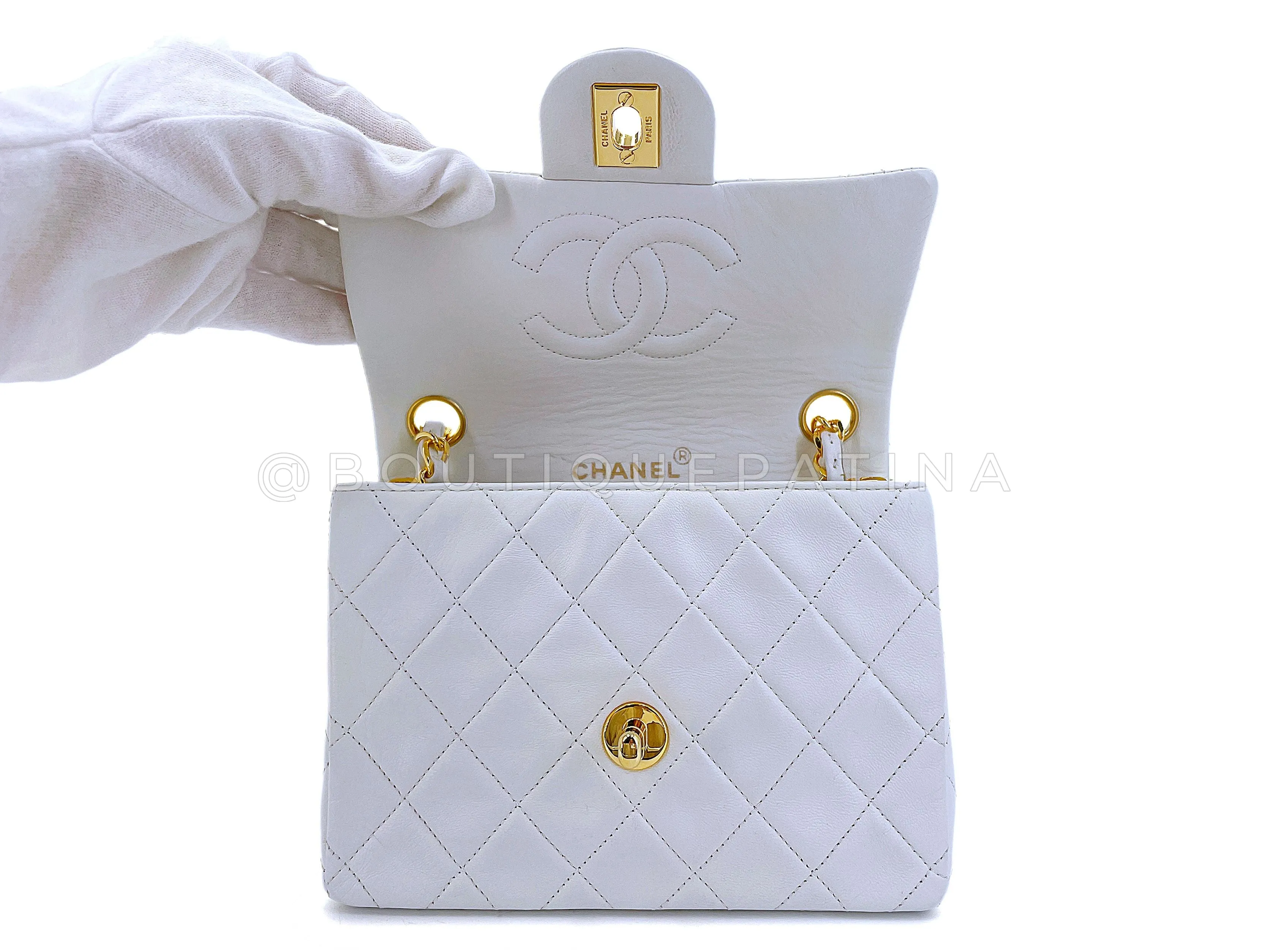 Chanel 1980s Vintage White Square Mini Flap Bag 24k GHW Lambskin