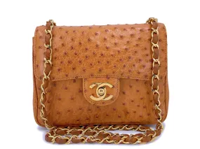 Chanel 1987 Vintage Caramel Beige Ostrich Square Mini Flap Bag 24k GHW