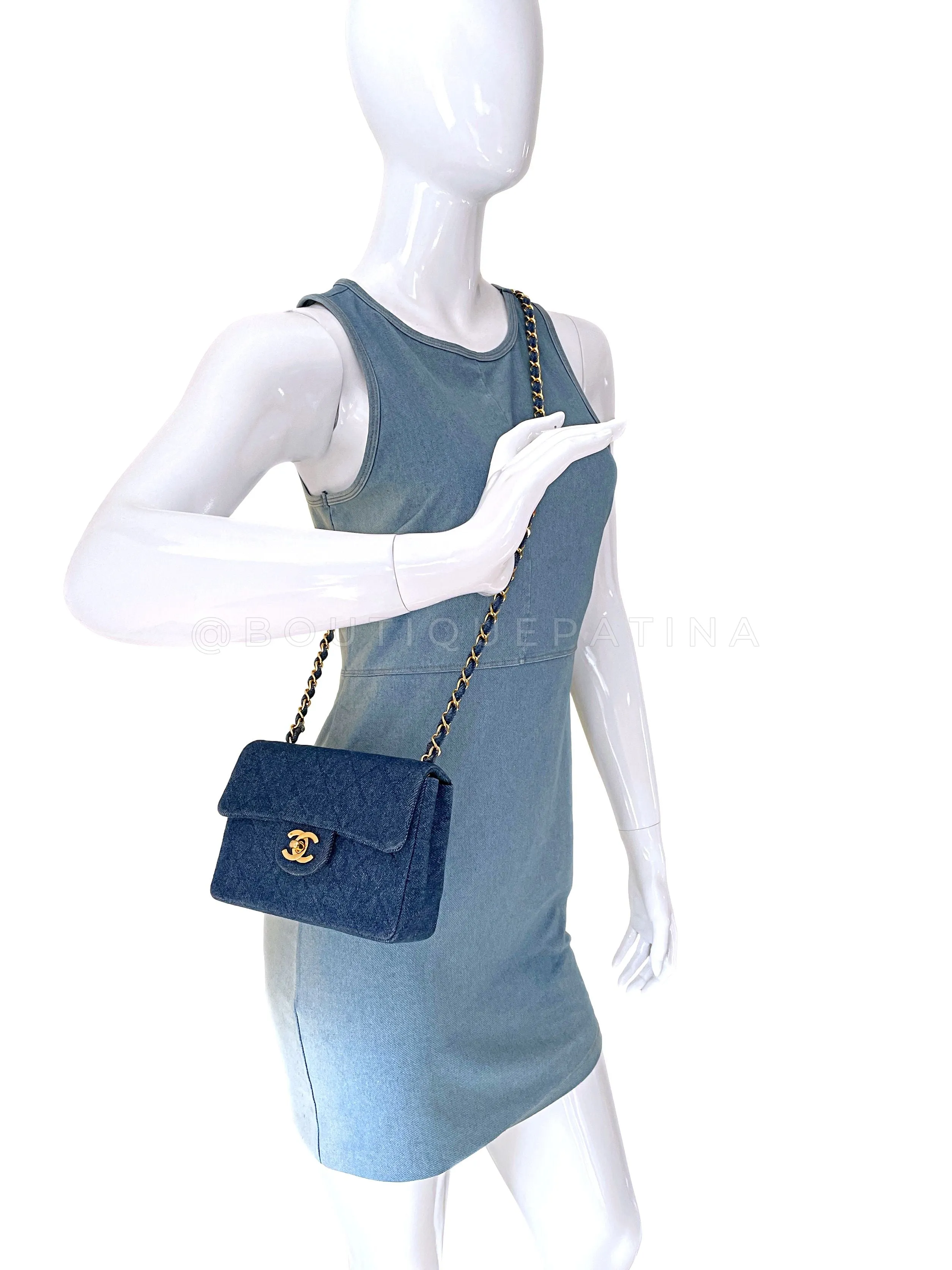 Chanel 1990 Vintage Dark Blue Denim Square Mini Flap Bag 24k GHW