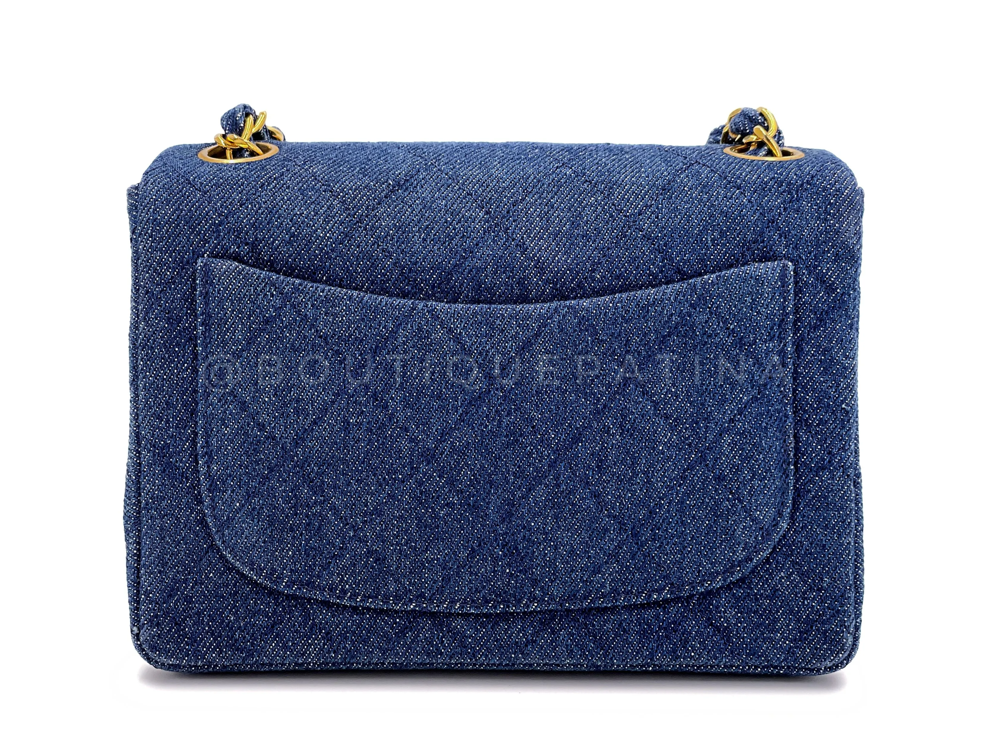 Chanel 1990 Vintage Dark Blue Denim Square Mini Flap Bag 24k GHW