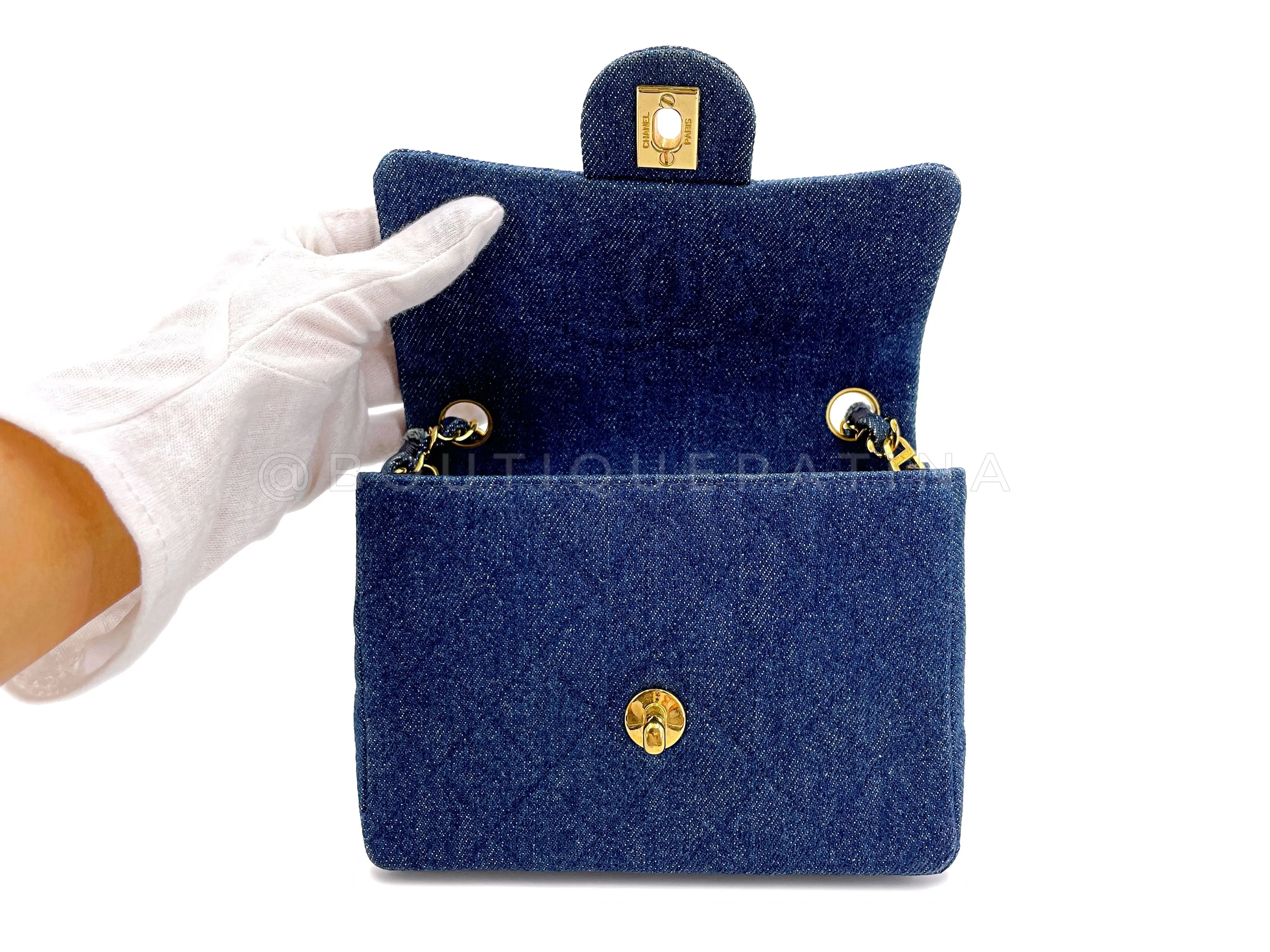 Chanel 1990 Vintage Dark Blue Denim Square Mini Flap Bag 24k GHW