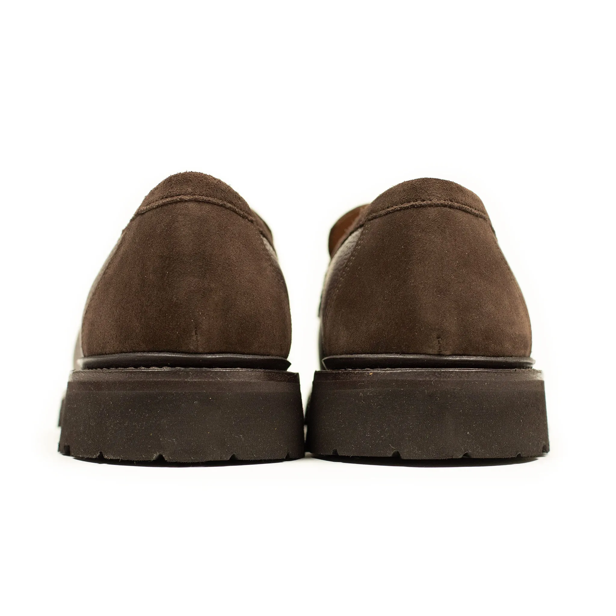 Chicago lugged penny loafer in two tone brown suede and Scotch grain calf (restock)