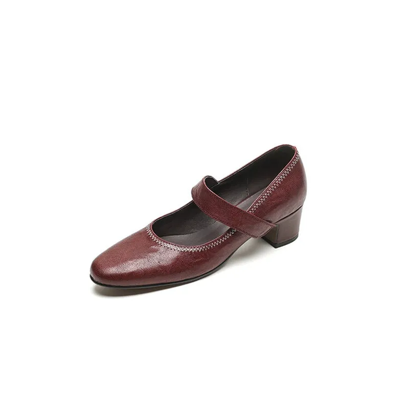 Classic Sheepskin Round Toe 45mm Block Heel Mary Jane in Wine Red/Black/Caramel