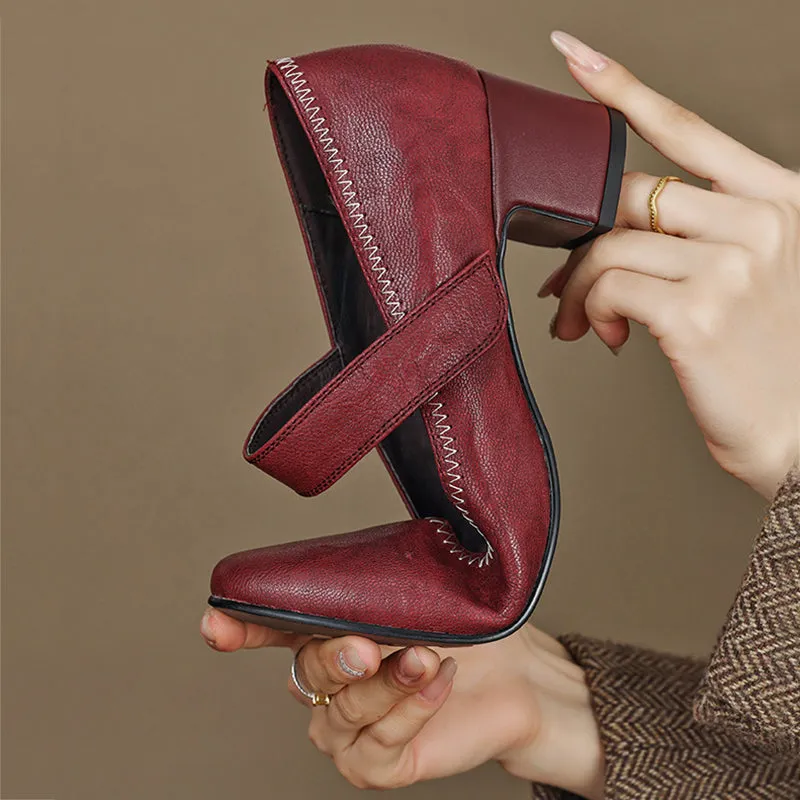 Classic Sheepskin Round Toe 45mm Block Heel Mary Jane in Wine Red/Black/Caramel