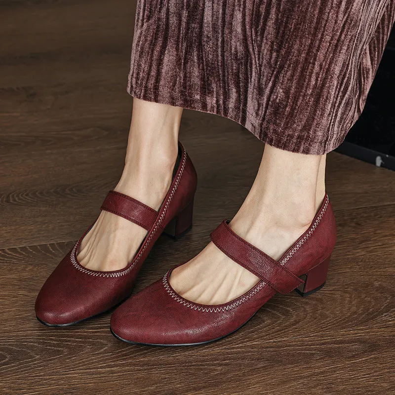 Classic Sheepskin Round Toe 45mm Block Heel Mary Jane in Wine Red/Black/Caramel