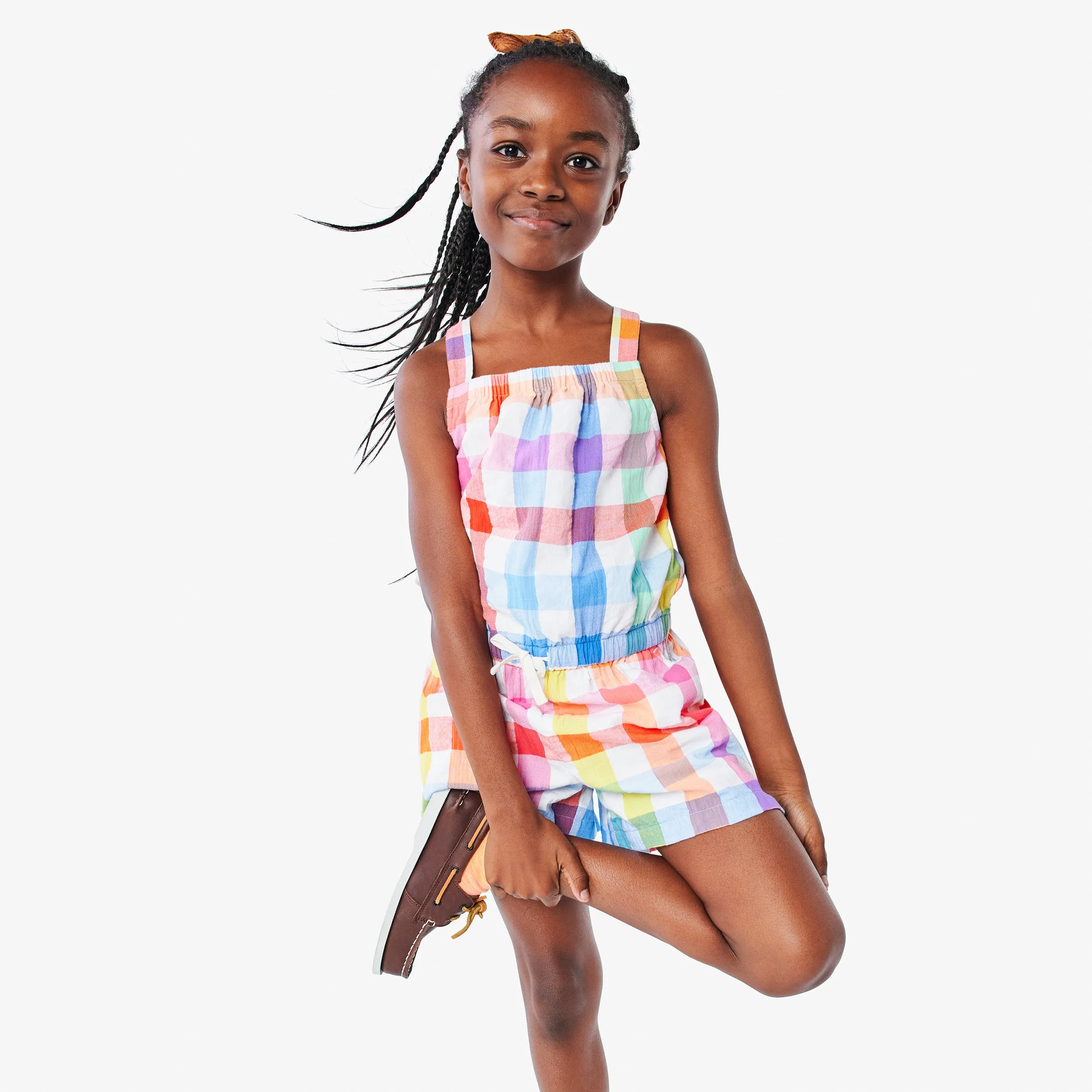 Clearance tank romper in rainbow gingham