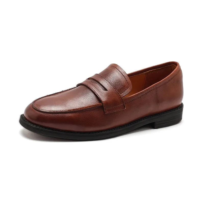 Dwarves Calfskin Penny Loafers for Women in Black/Khaki/Brown/Apricot/Wine Red