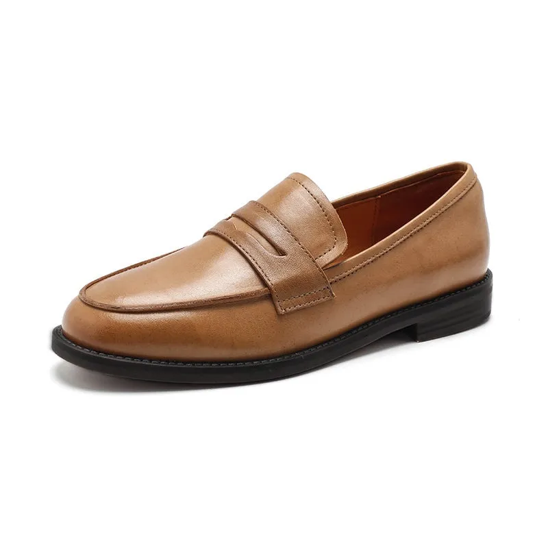 Dwarves Calfskin Penny Loafers for Women in Black/Khaki/Brown/Apricot/Wine Red