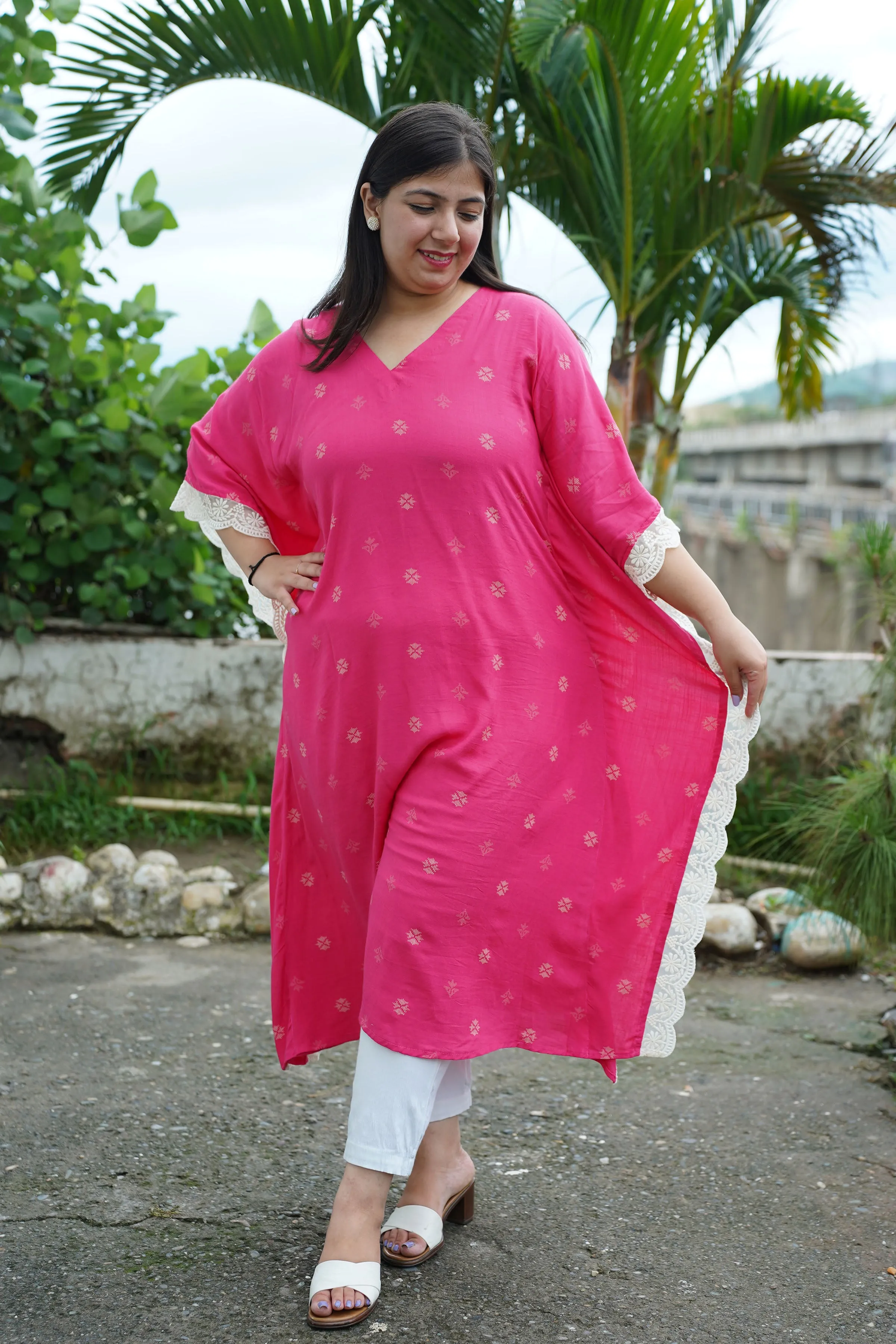 Fuchsia Foiled Breezy Rayon Kaftan