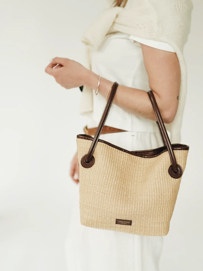 Leather-trimmed Raffia Bucket Bag(Final Sale)