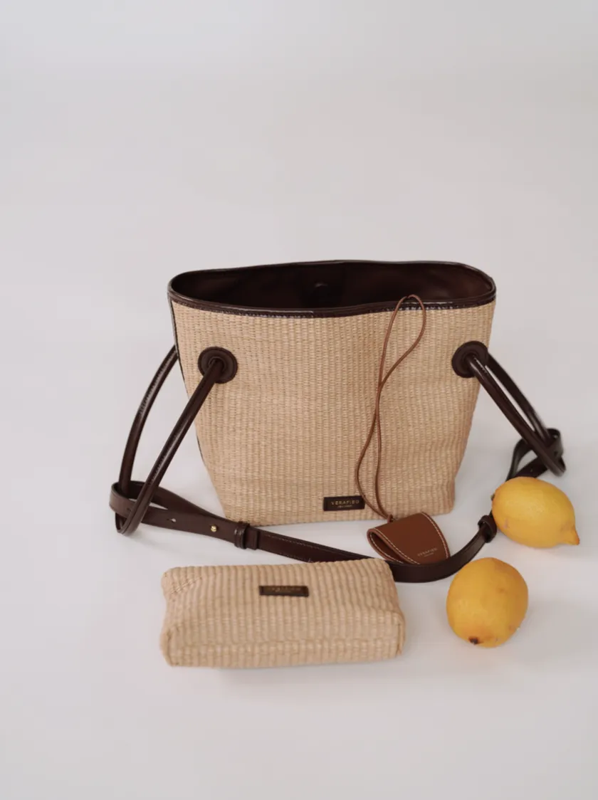 Leather-trimmed Raffia Bucket Bag(Final Sale)