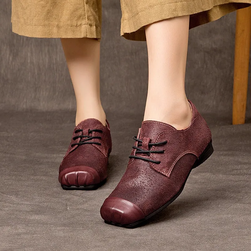 Retro Handmade Genuine Leather Lace Up Oxfords Square Toe In Wine Red