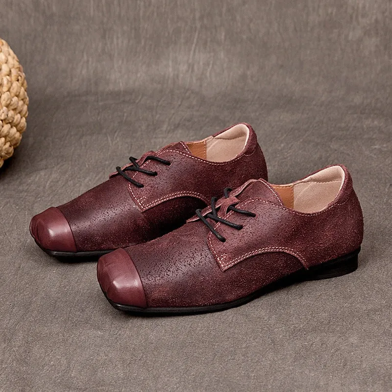 Retro Handmade Genuine Leather Lace Up Oxfords Square Toe In Wine Red