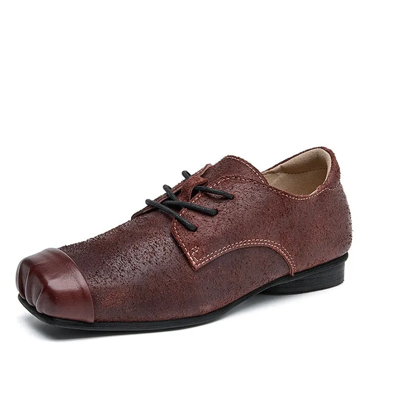 Retro Handmade Genuine Leather Lace Up Oxfords Square Toe In Wine Red