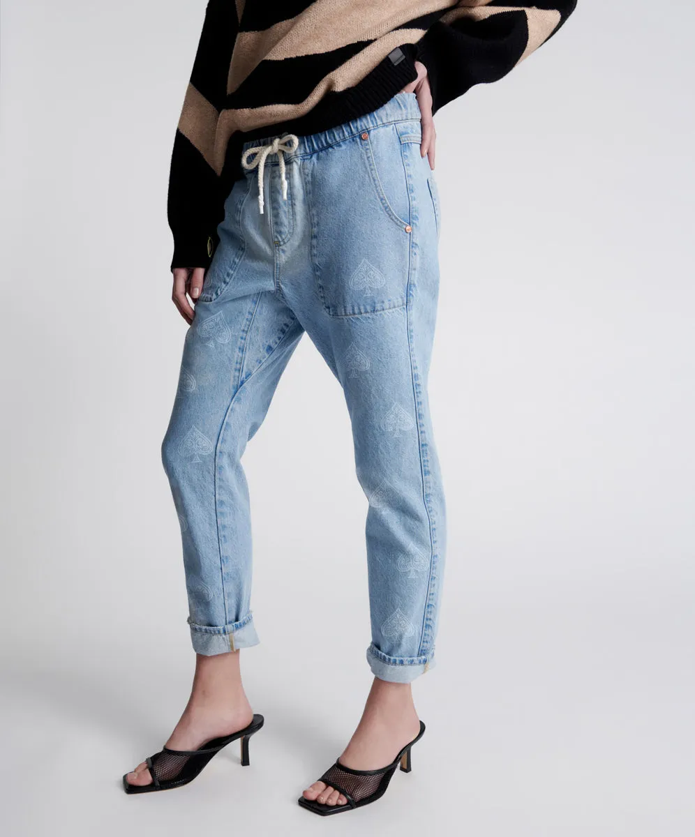 Shabbies Low Waist Drawstring Boyfriend Denim Jeans - Best Blue