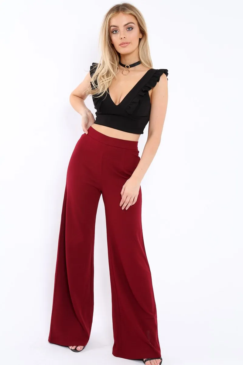 Wine High Waist Flare Trousers -Tisha