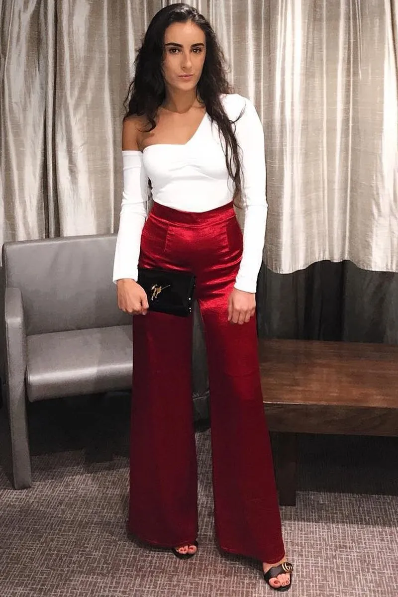 Wine Satin High Waist Flare Trousers -Tisha