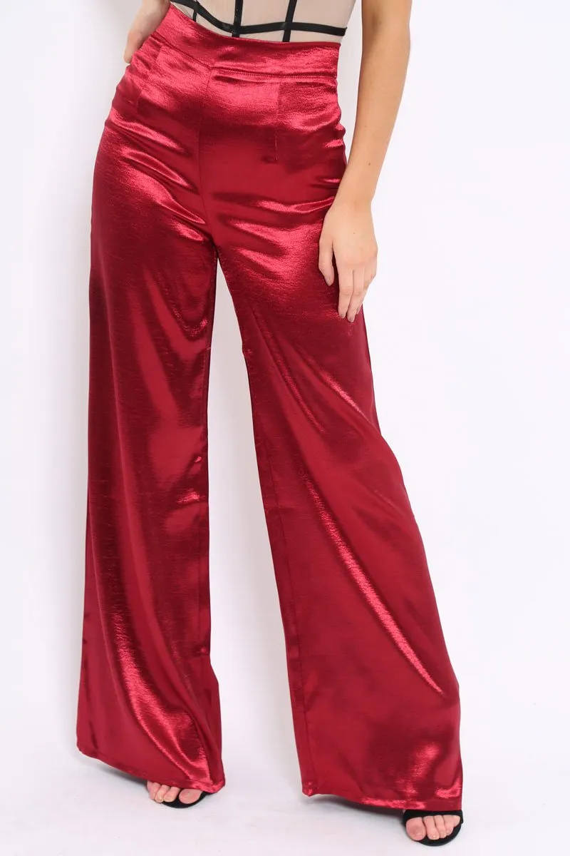 Wine Satin High Waist Flare Trousers -Tisha