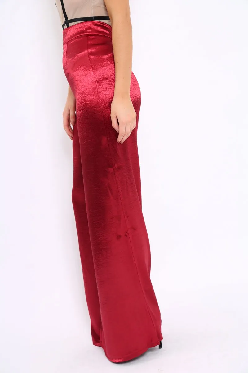 Wine Satin High Waist Flare Trousers -Tisha