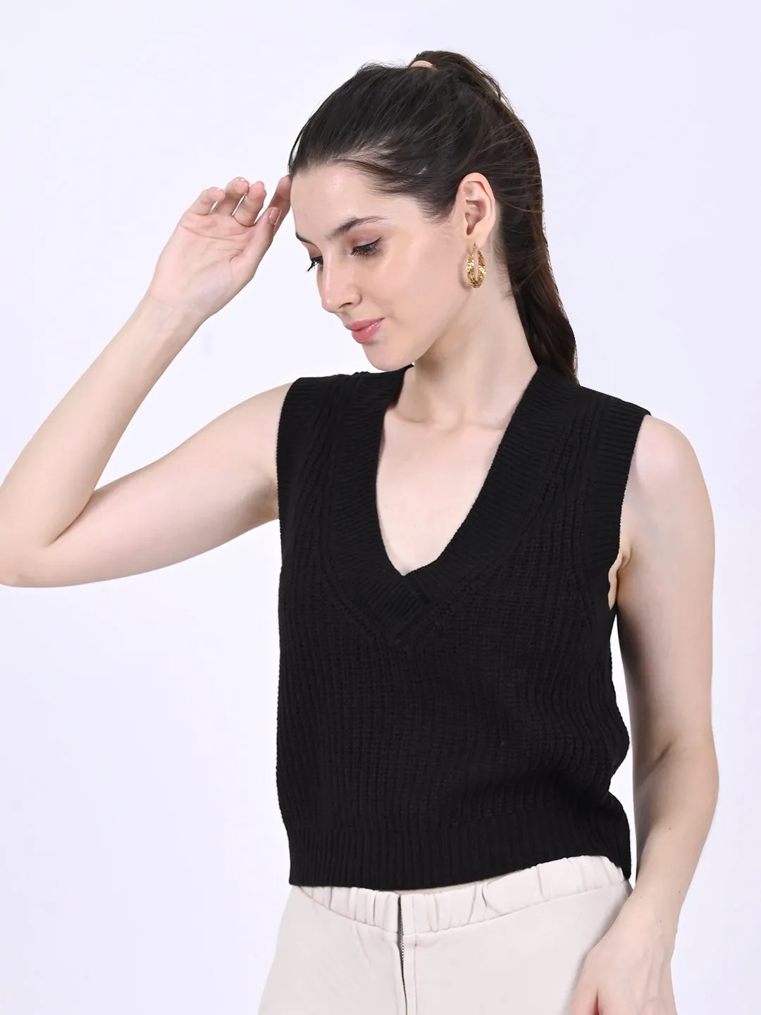 Women Black Cable Knit Vest