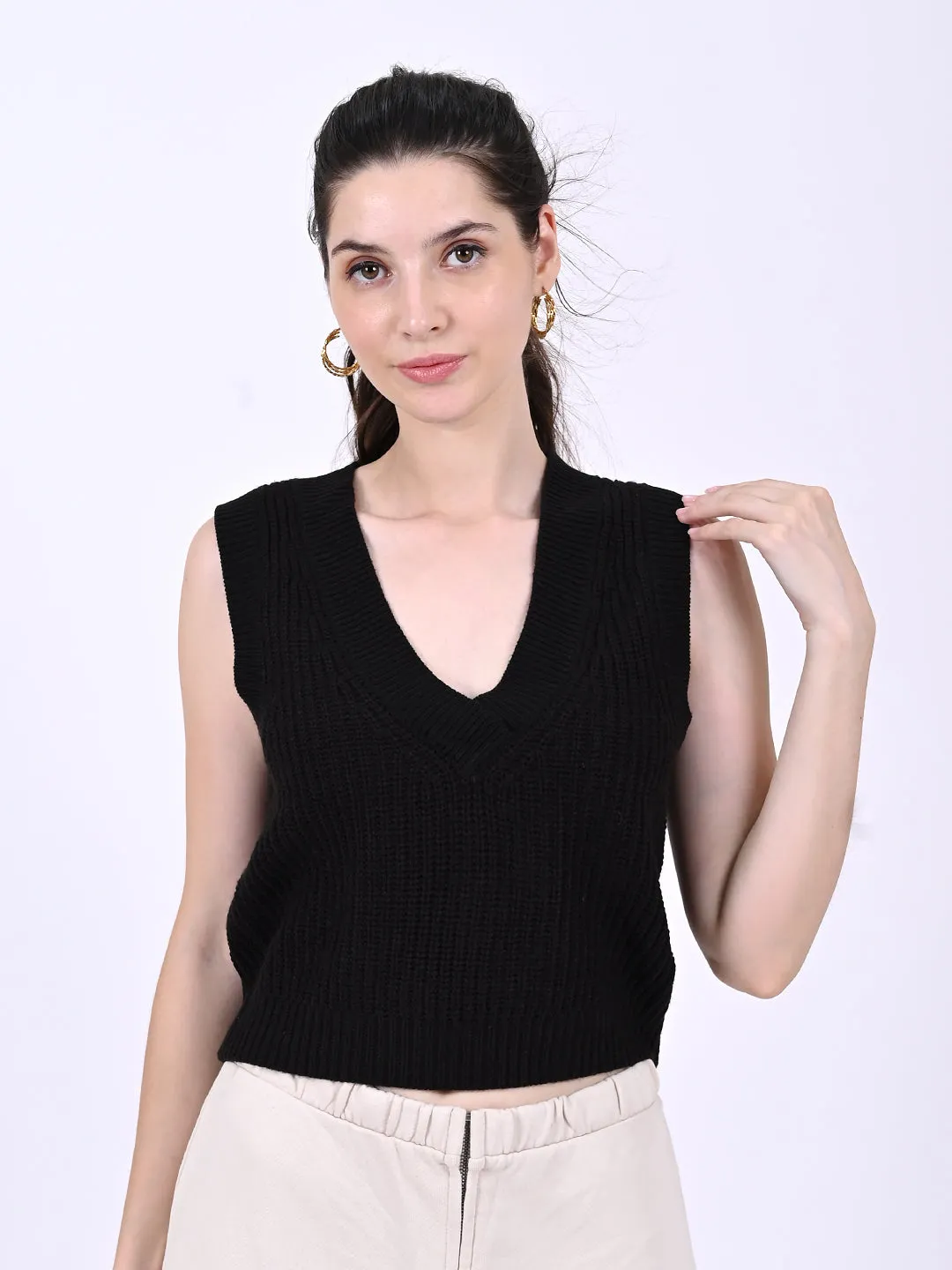 Women Black Cable Knit Vest