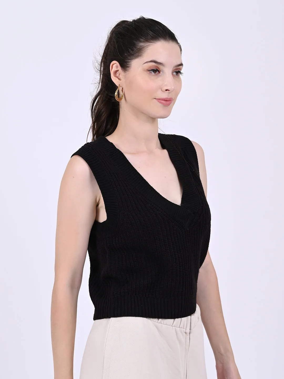 Women Black Cable Knit Vest