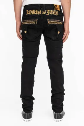 ZIPPER KILLER FLAP MENS SLIM JEANS IN BLACK WITH GOLD CRYSTALS